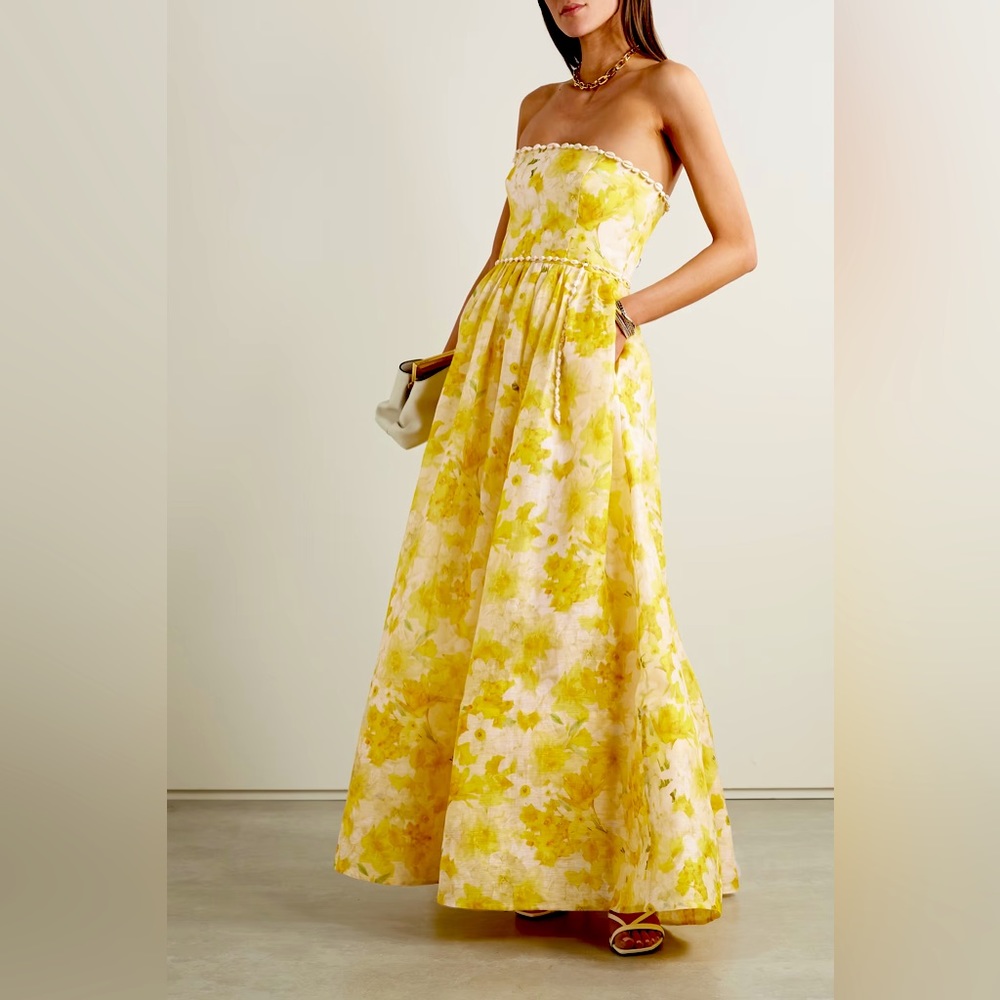 Zimmermann Wonderland Strapless Yellow Floral Linen Gown with Shell Belt